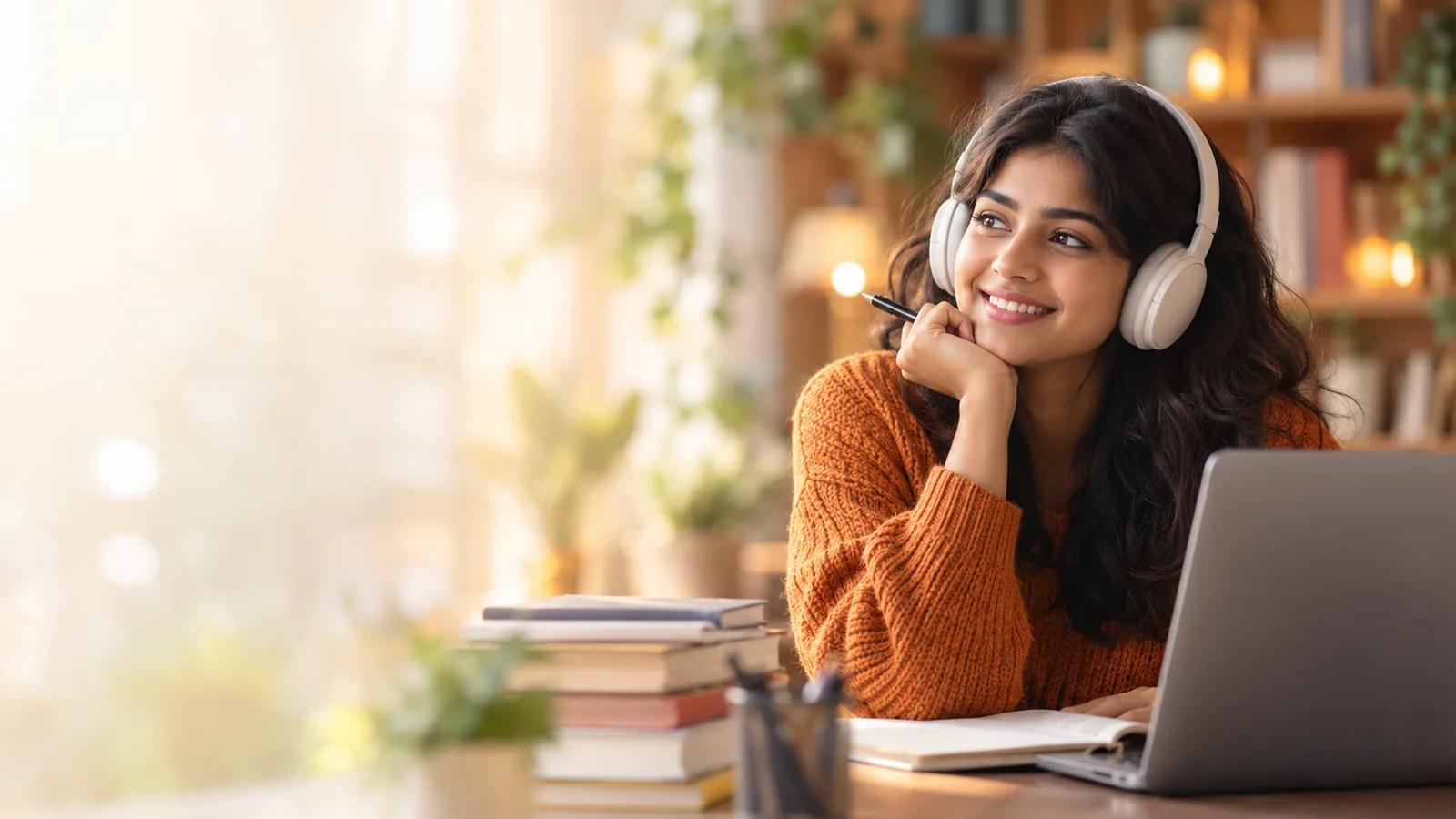 A young woman with headphones smiling as she studies at her laptop beside a stack of books
